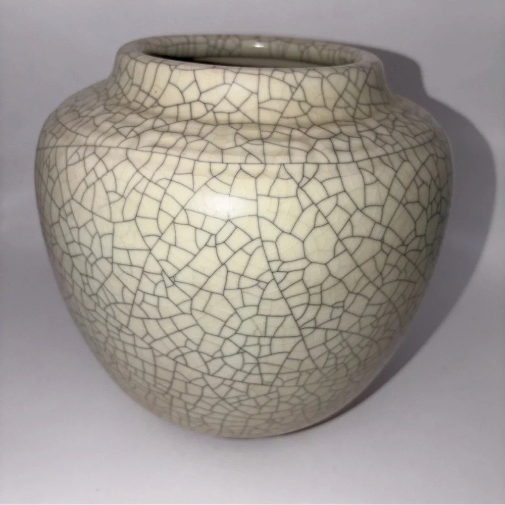 VTG German Crackle Glaze Ceramic Vase Ivory Cream Art Pottery Mid Century Decor